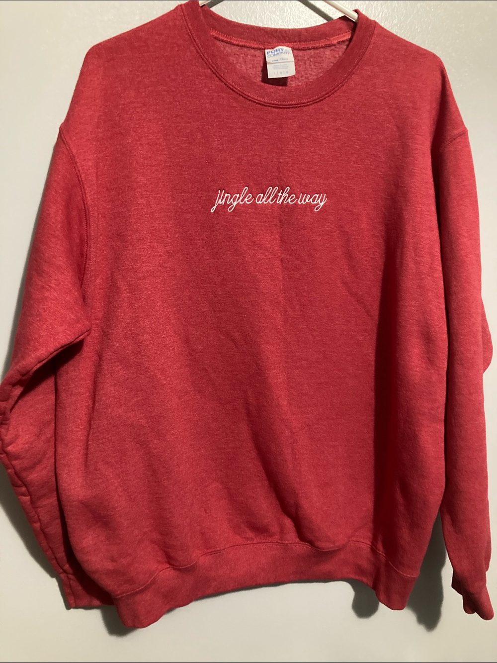 Port and Company Red 'jingle all the way' Embroidered Crewneck